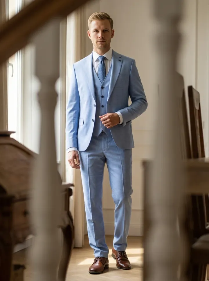 Felhőkék háromrészes esküvői öltöny - Öltönyök Háza