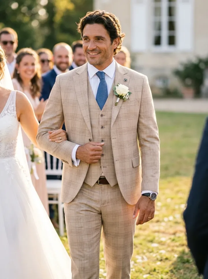 Camel kockás esküvői öltöny - Elite Fashion